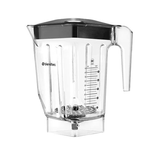 Clear blender container with measurement markings on a white background, featuring the Blendtec logo.