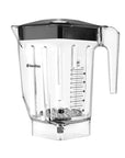 Clear blender container with measurement markings on a white background, featuring the Blendtec logo.