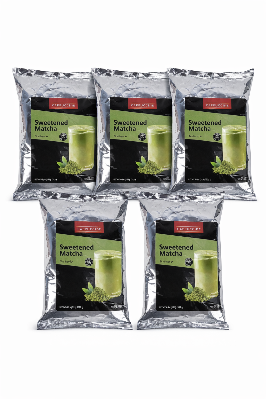 Five packages of Sweetened Matcha tea on a white background