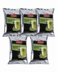 Five packages of Sweetened Matcha tea on a white background