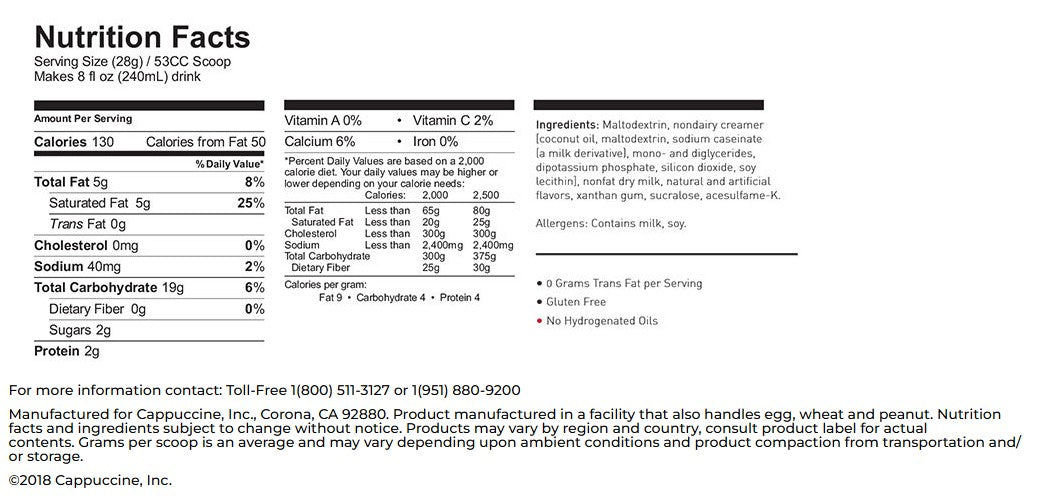 Nutrition facts label for Cappuccine Frappe Mix almost no sugar added vanilla with serving size, calories, and ingredient list.