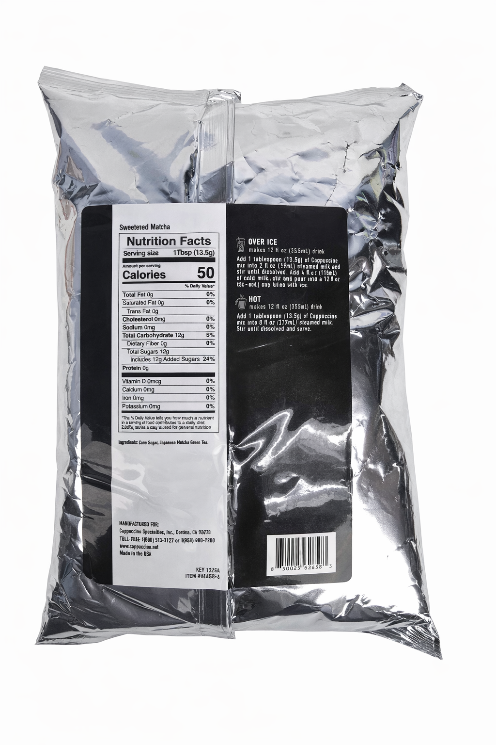 Cappuccine Sweetened Matcha bag with a nutrition facts label on a white background