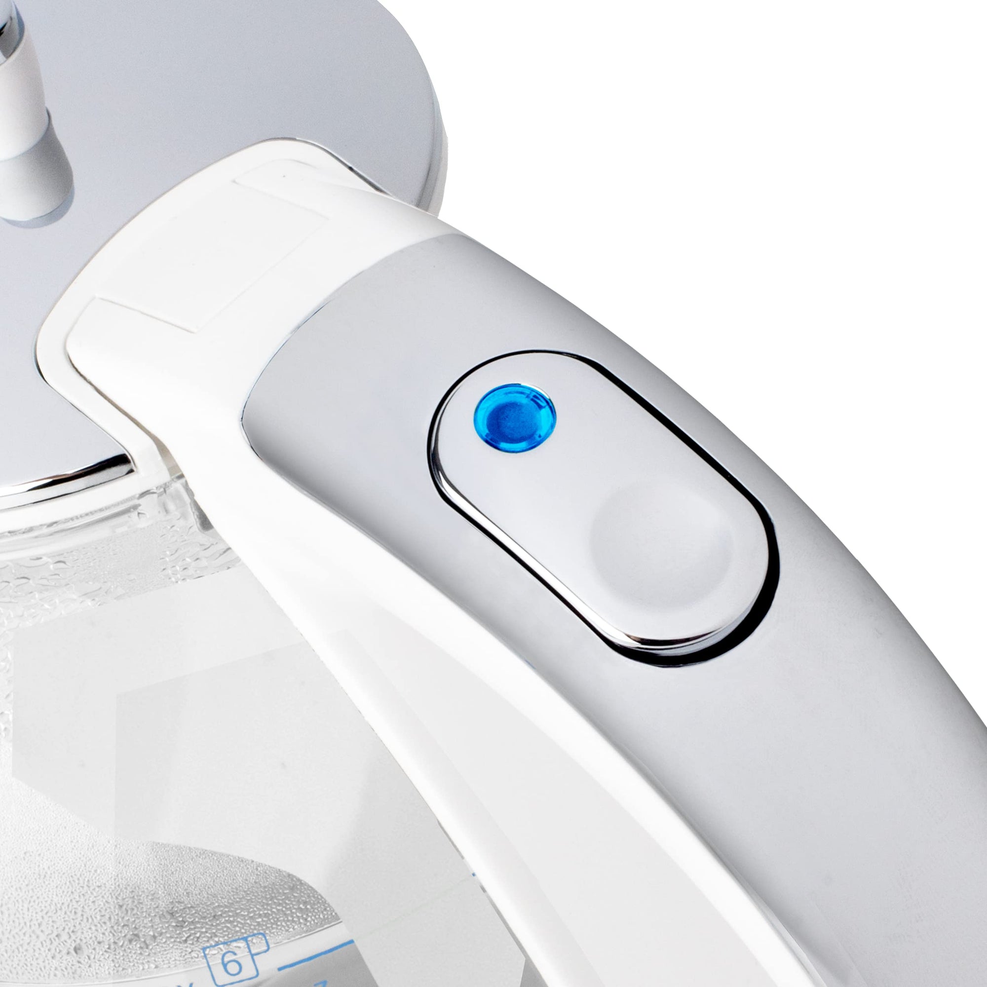 Close-up of a white electric kettle with a blue light indicator on a white background