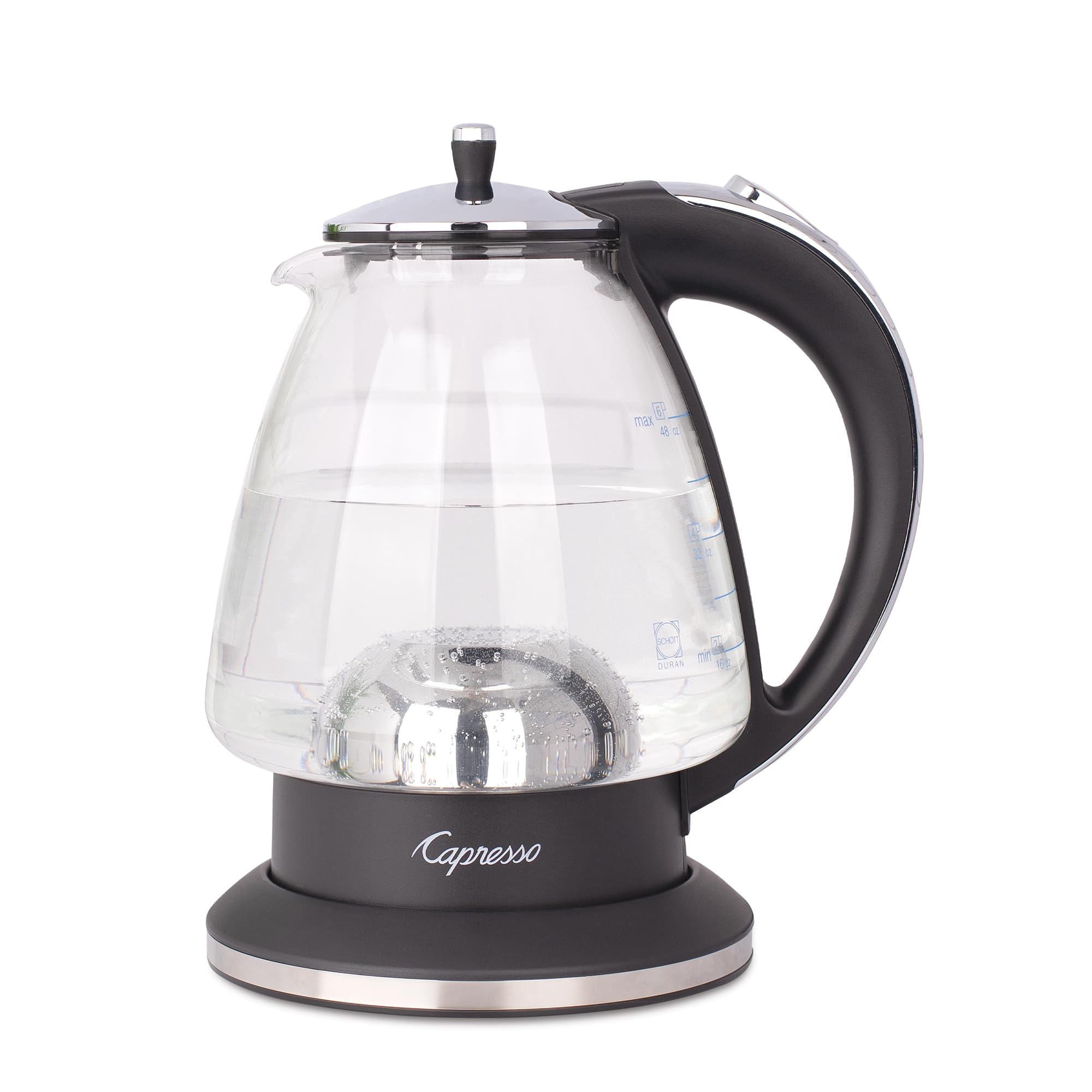 Black and polished chrome Capresso 48 oz electric kettle displayed on a white background