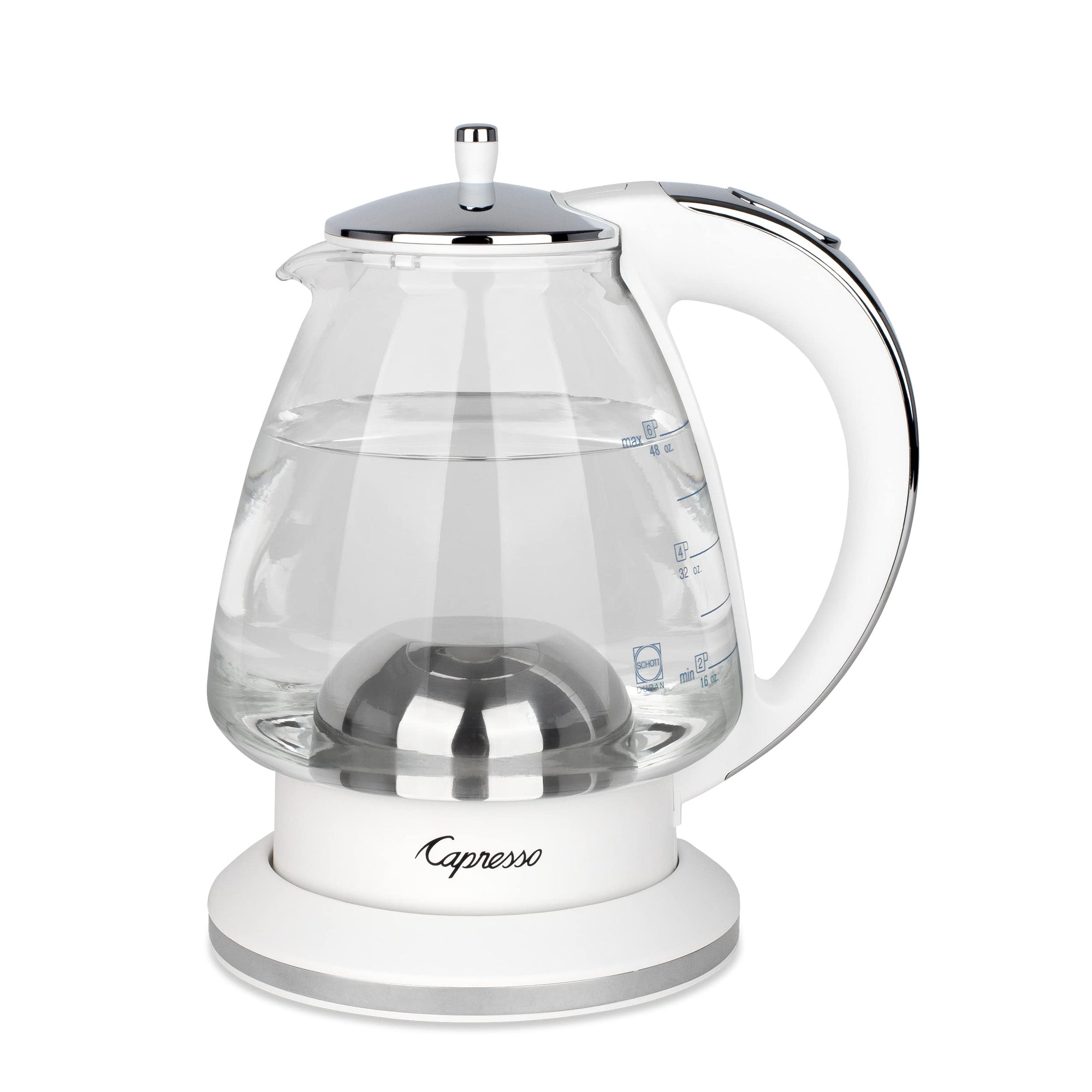 White and polished chrome Capresso 48 oz electric kettle displayed on a white background