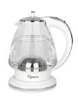 White and polished chrome Capresso 48 oz electric kettle displayed on a white background