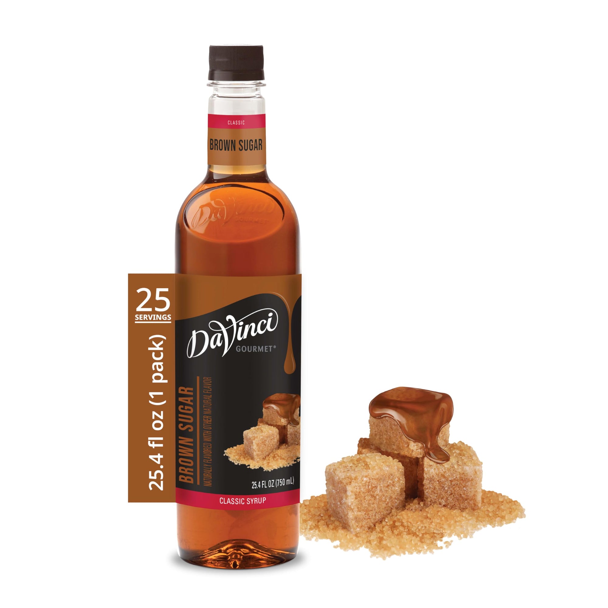 Davinci gourmet brown sugar classic syrup with brown sugar cubes on the side on a white background