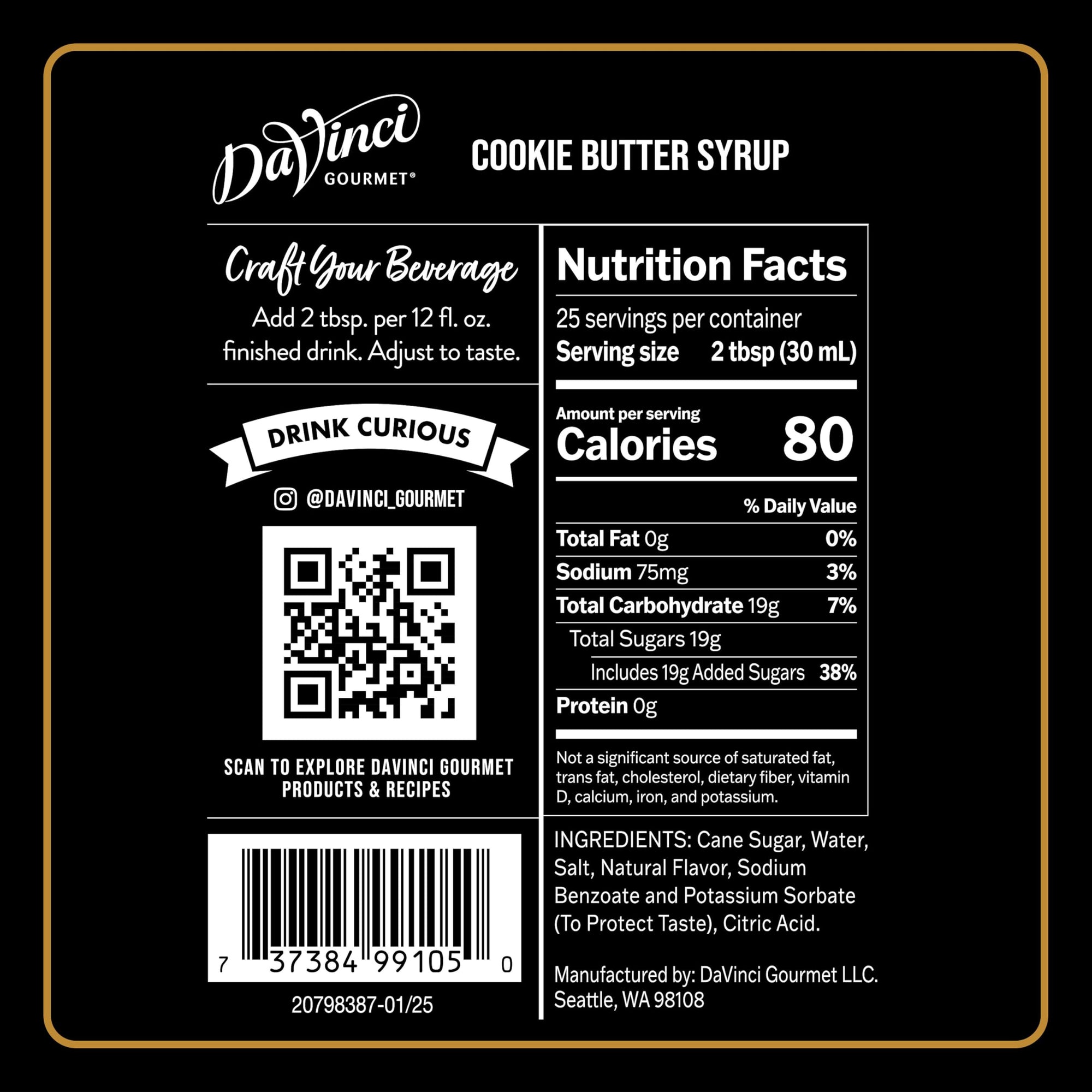 Davinci cookie butter syrup nutrition facts on a black background
