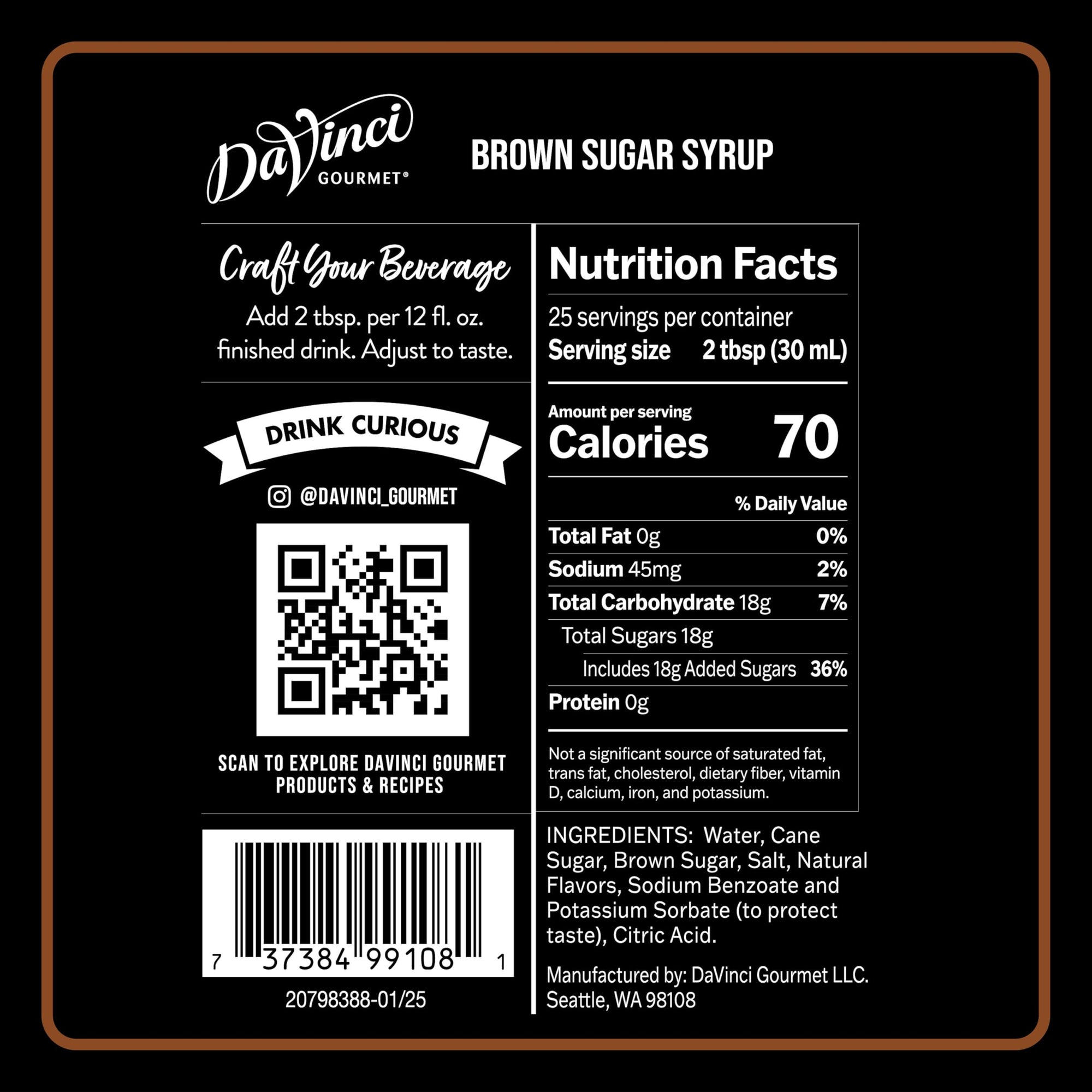 Davinci gourmet brown sugar syrup nutrition facts with a black background