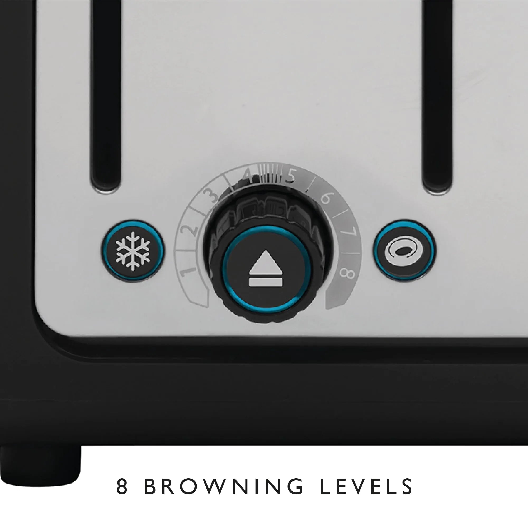 Close-up of a toaster control panel with a central dial labeled 1 through 8, flanked by a frost symbol button and a power button, with text below reading '8 BROWNING LEVELS'.