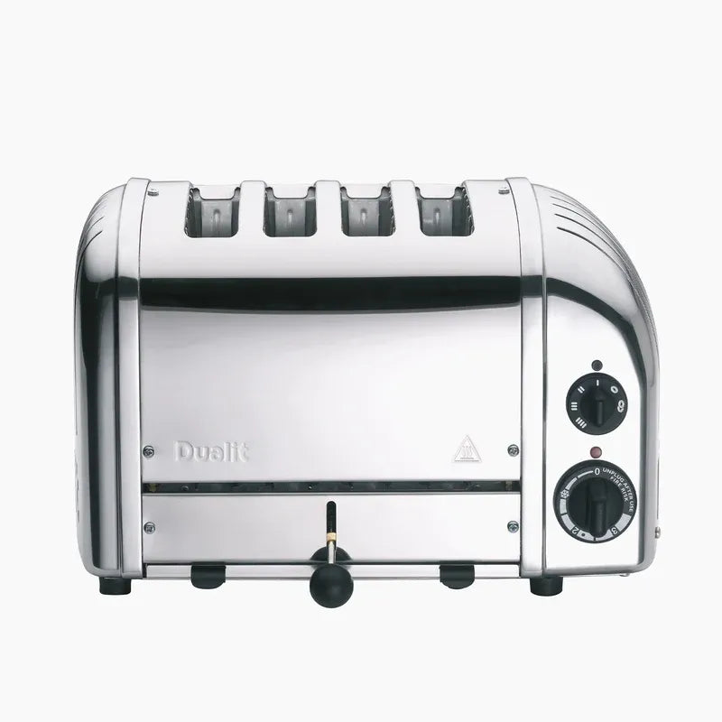 Silver toaster with Dualit branding on a white background