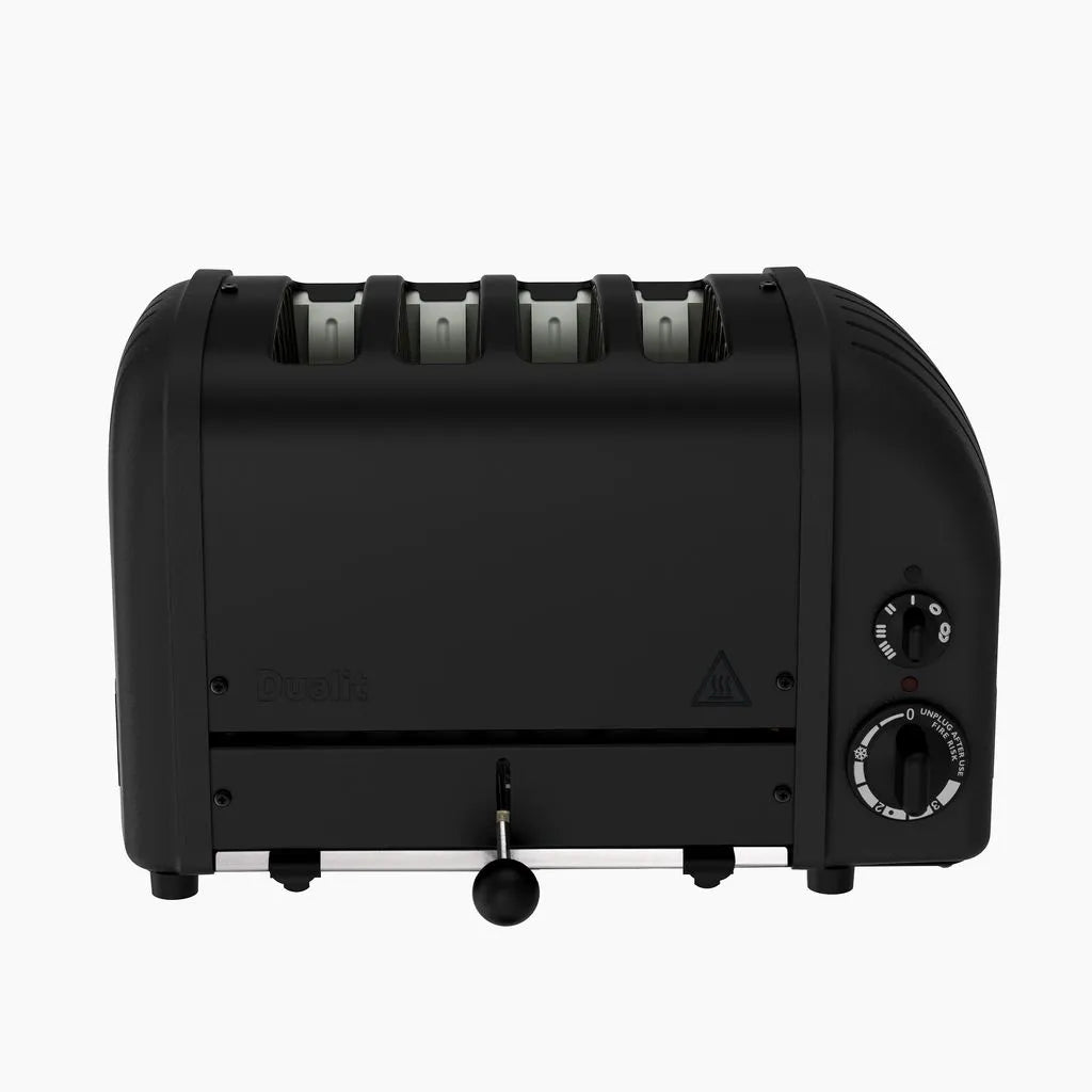 Black toaster with four slices of bread on a white background