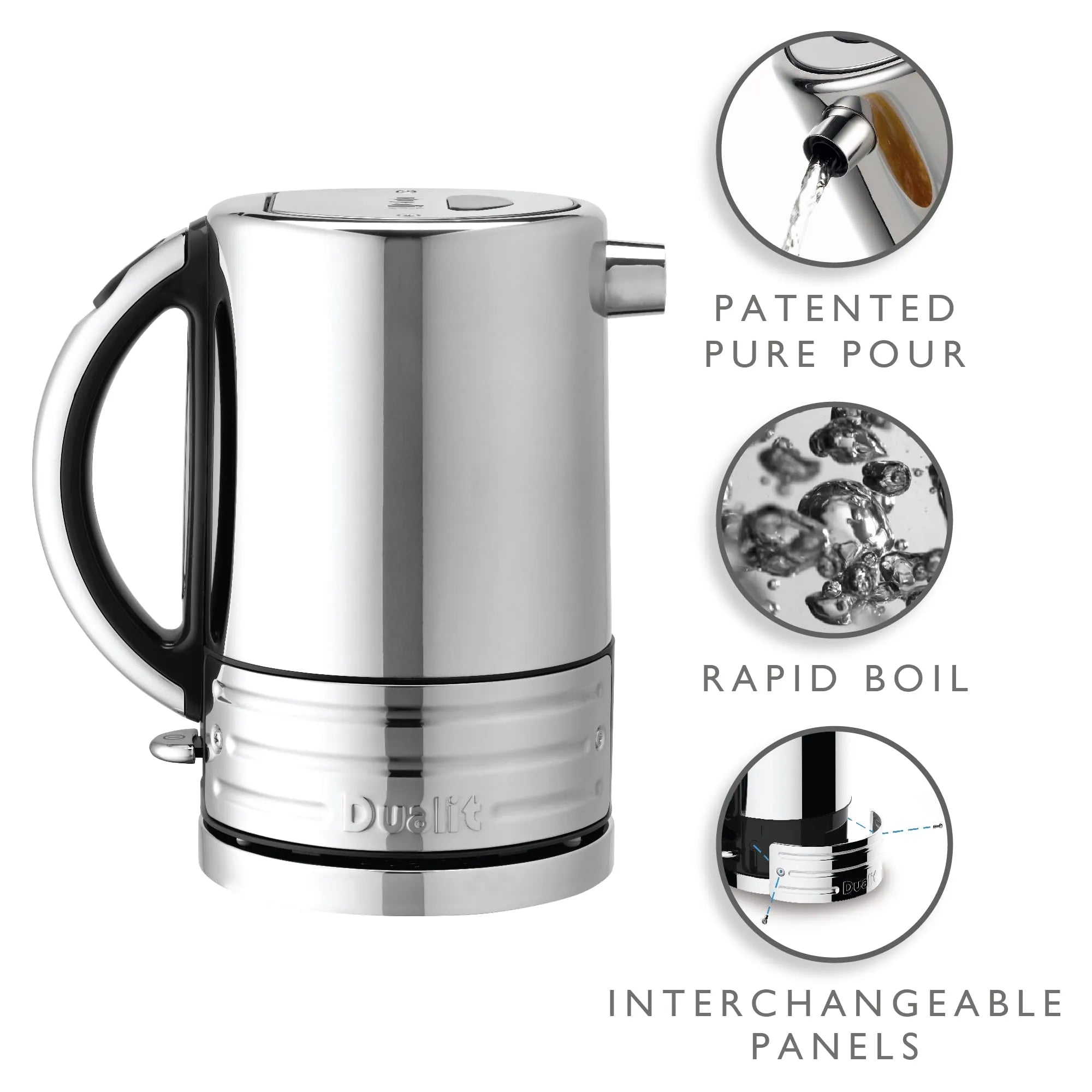 A stainless steel electric kettle with a black handle and base trim, shown on a white background with three circular feature callouts reading 'PATENTED PURE POUR', 'RAPID BOIL', and 'INTERCHANGEABLE PANELS'. The kettle brand 'Dualit' is embossed on the lower front.