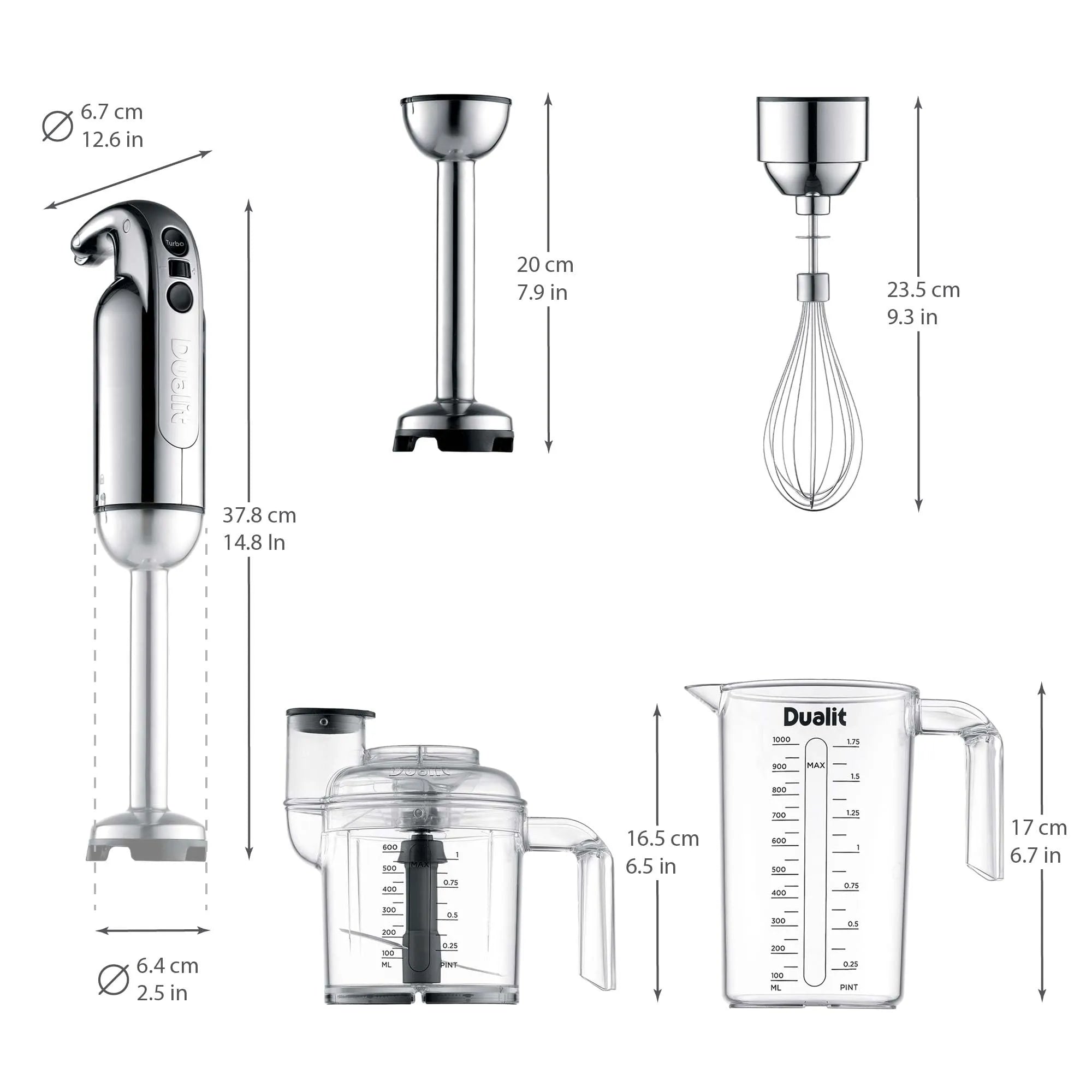 A product dimension diagram showing multiple parts of a Dualit hand blender set, including the main hand blender, whisk attachment, chopper attachment, and measuring cup, with labeled measurements in centimeters and inches on a white background.