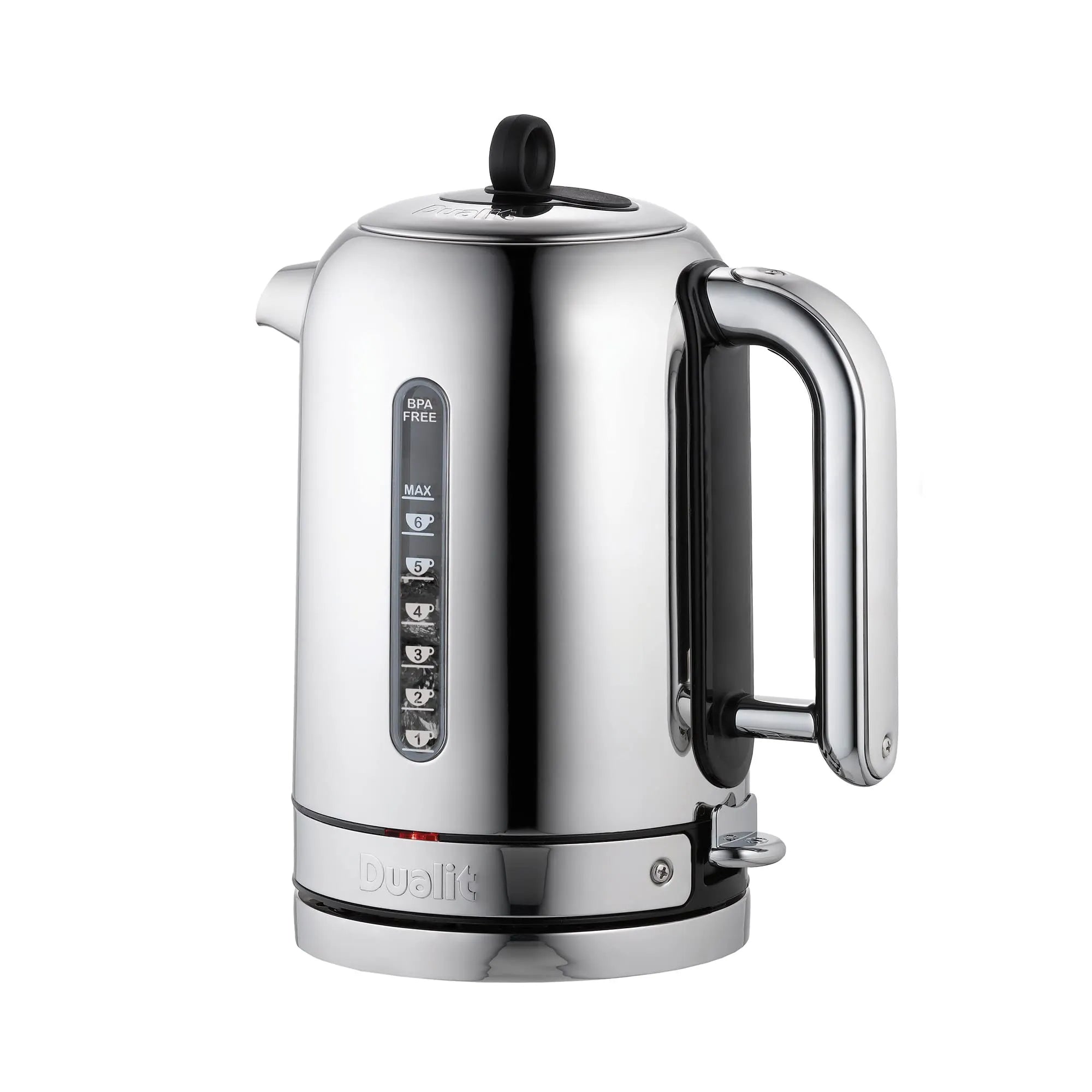 A stainless steel electric kettle with a handle, lid knob, and a vertical control panel on the front, set against a plain white background.