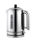 A stainless steel electric kettle with a handle, lid knob, and a vertical control panel on the front, set against a plain white background.