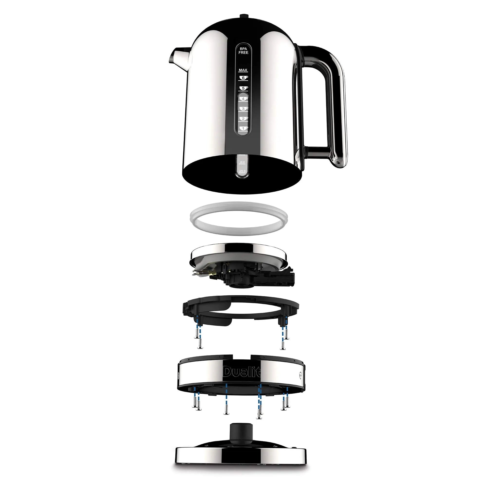 Stainless steel electric kettle with disassembled parts on a white background