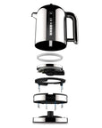 Stainless steel electric kettle with disassembled parts on a white background