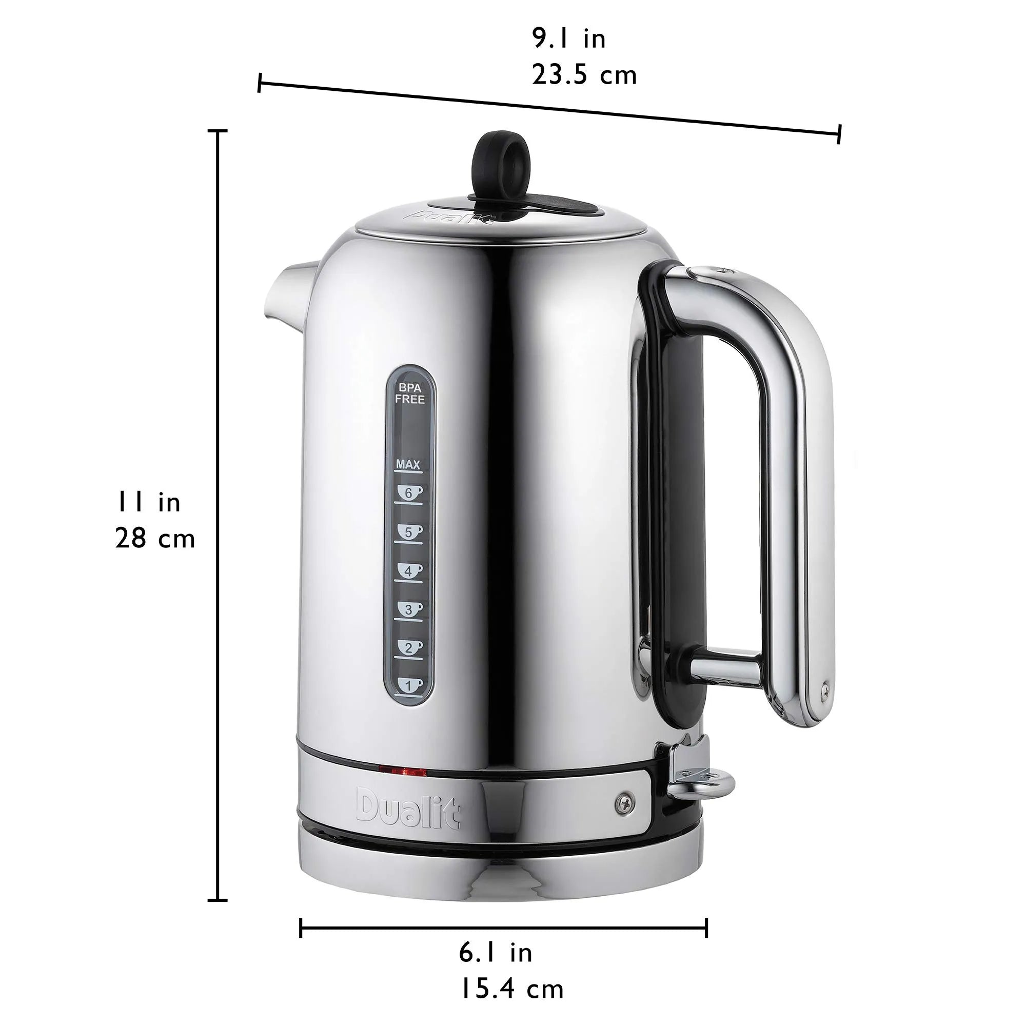Stainless steel kettle with dimensions labeled on a white background