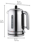 Stainless steel kettle with dimensions labeled on a white background