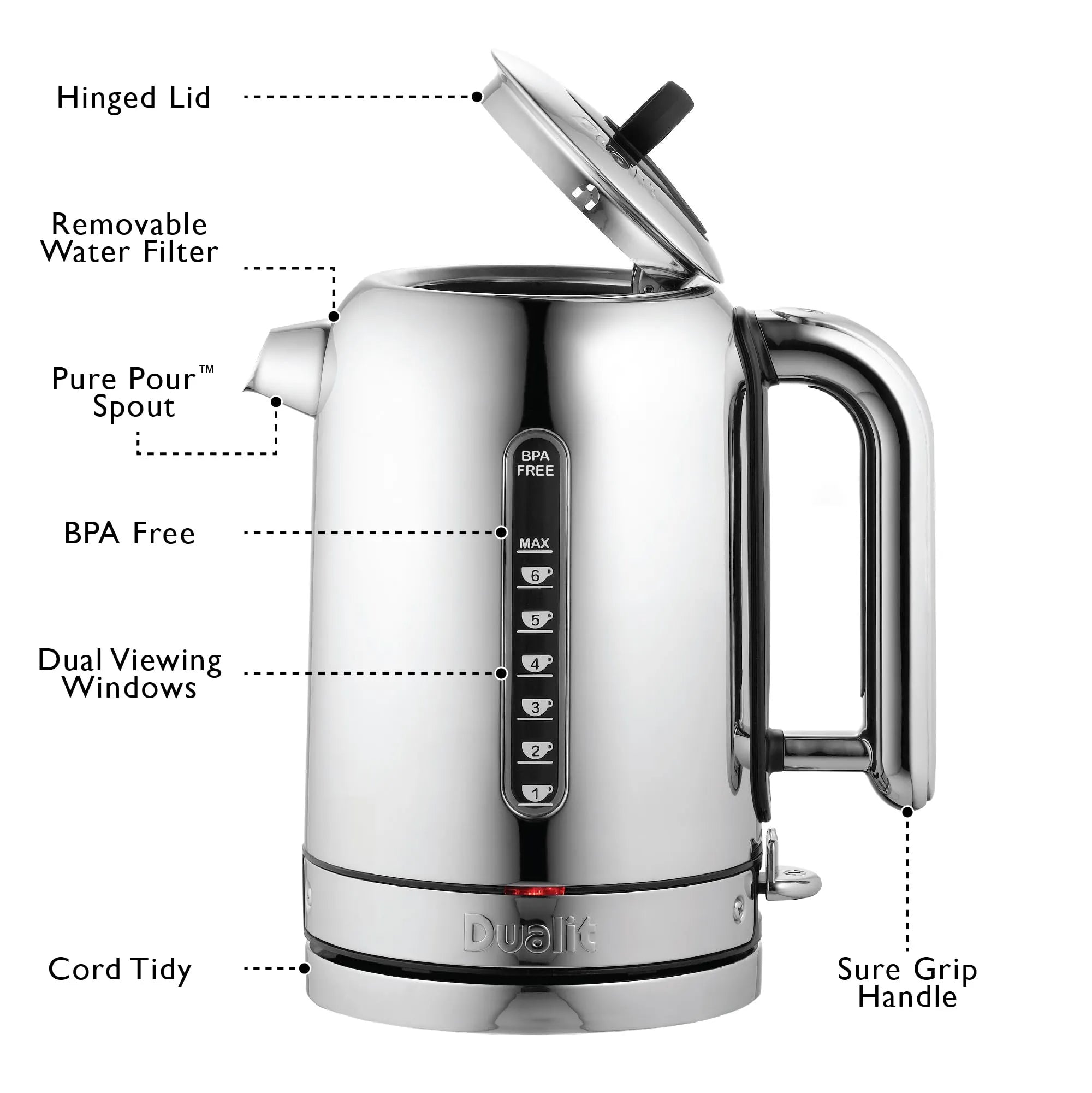Silver kettle with labeled features on a white background