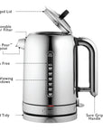 Silver kettle with labeled features on a white background