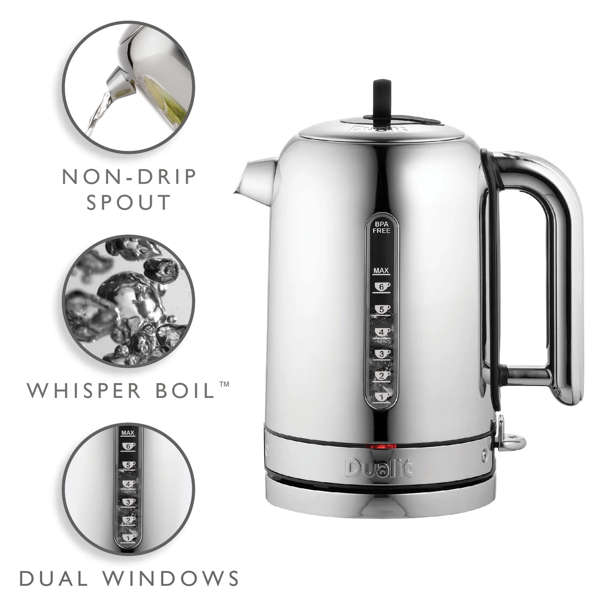 Silver electric kettle with features labeled on a white background