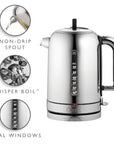 Silver electric kettle with features labeled on a white background