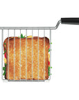 Metal sandwich cage with a grilled sandwich inside on a white background