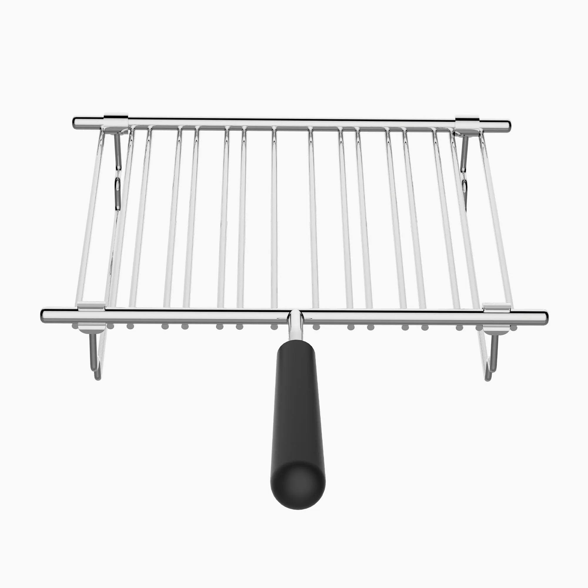 Metal warming rack with a black handle on a white background