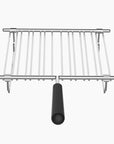 Metal warming rack with a black handle on a white background