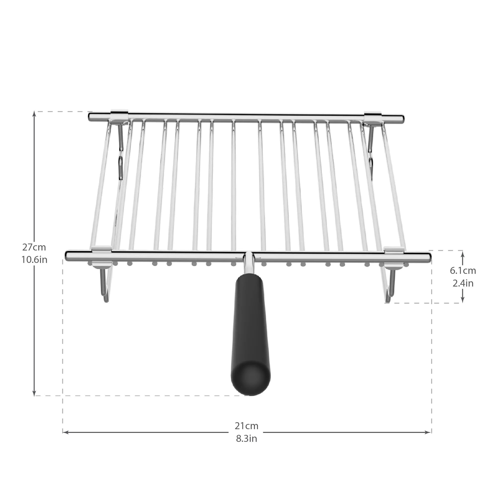 Metal warming rack with dimensions on a white background