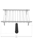 Metal warming rack with dimensions on a white background