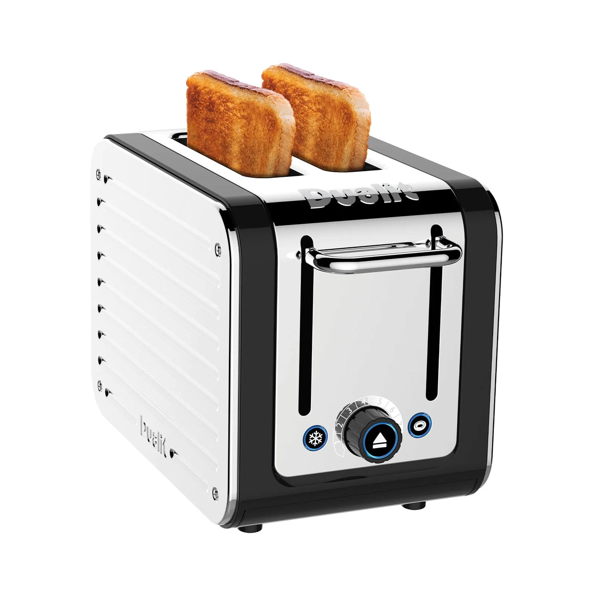 Toaster with two slices of toast on a white background