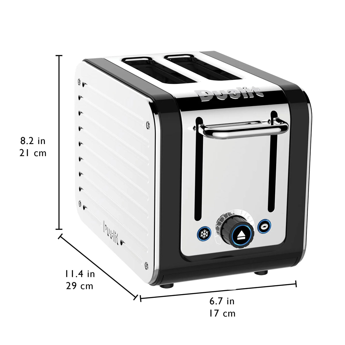 Black and silver toaster with dimensions labeled on a white background