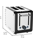 Black and silver toaster with dimensions labeled on a white background