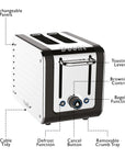 Diagram of a toaster with labeled parts on a white background