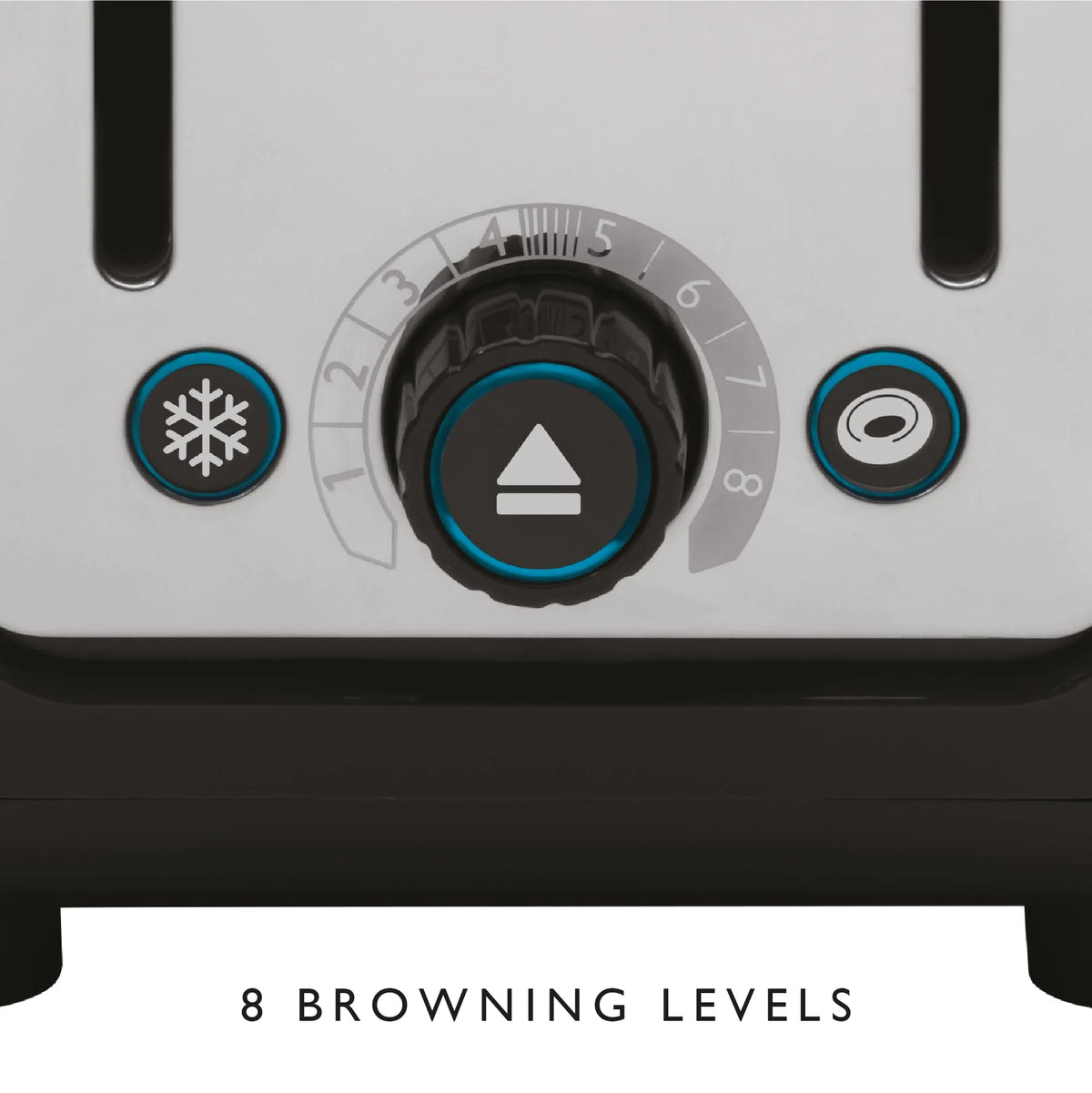 Close-up of a toaster control dial with 8 browning level markings and two blue-accented buttons, with the text '8 BROWNING LEVELS' below.