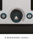 Close-up of a toaster control dial with 8 browning level markings and two blue-accented buttons, with the text '8 BROWNING LEVELS' below.