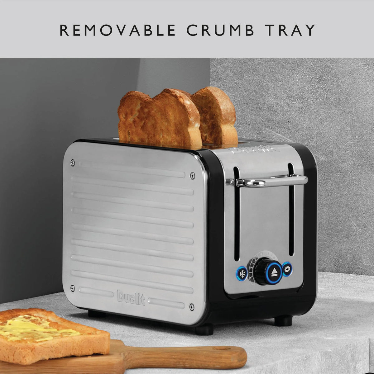 Toaster with removable crumb tray and bread on a gray background
