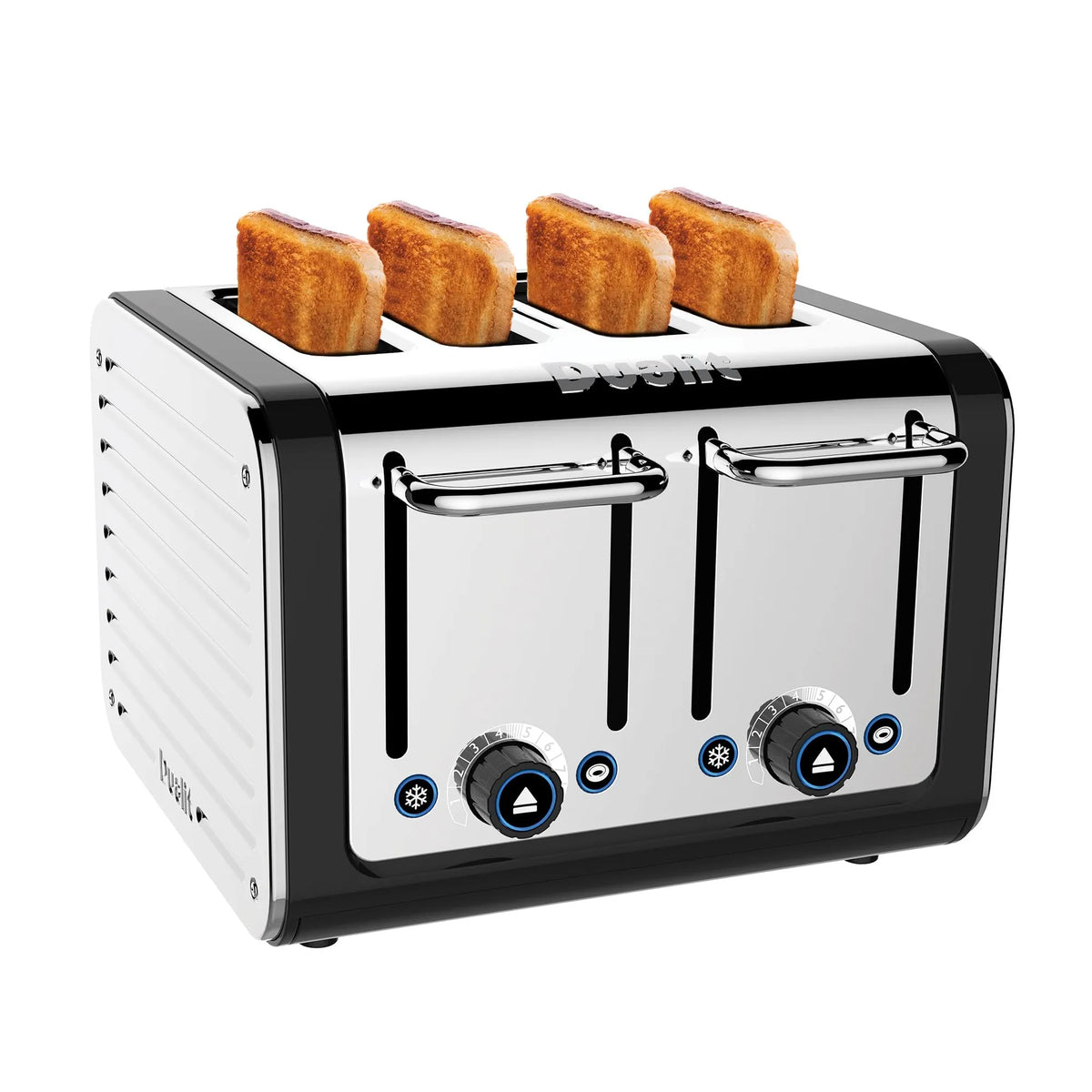 Toaster with four slices of toast on a white background