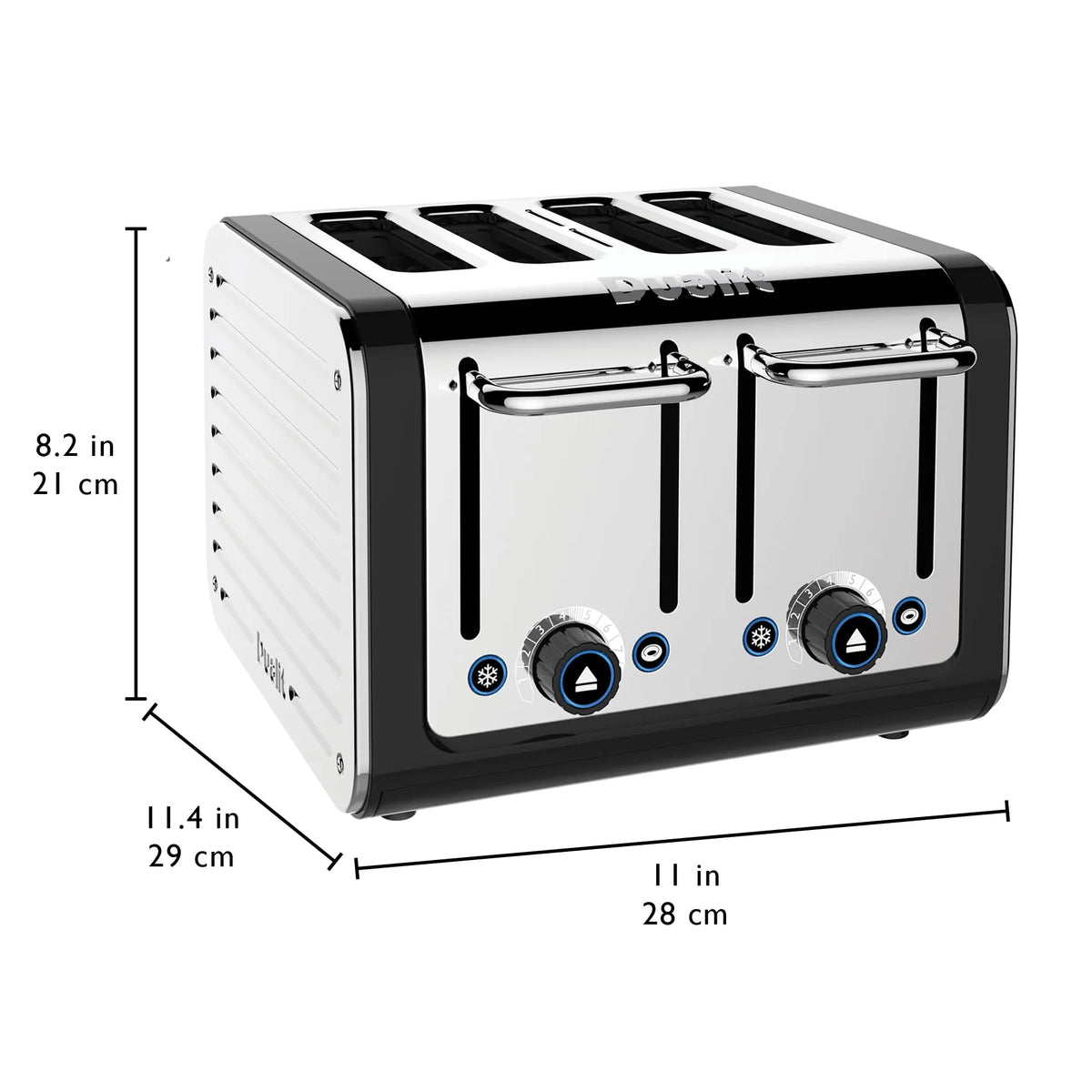 Stainless steel toaster with dimensions labeled on a white background
