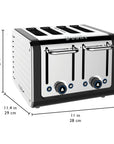 Stainless steel toaster with dimensions labeled on a white background