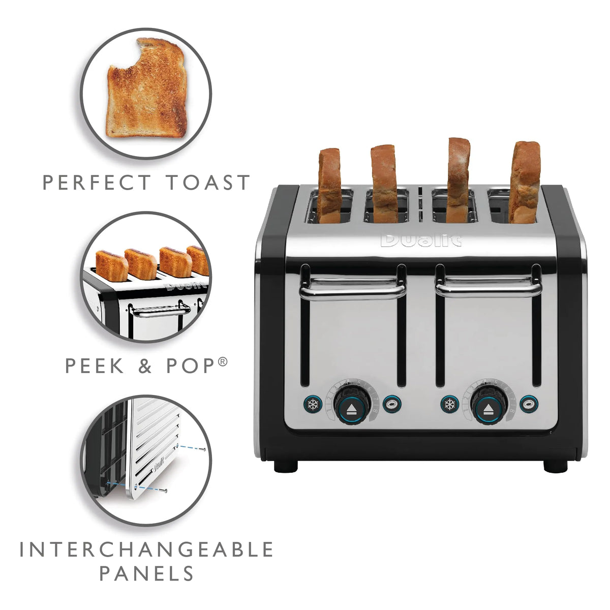 4-slice toaster with features highlighted on a white background