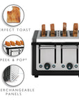 4-slice toaster with features highlighted on a white background