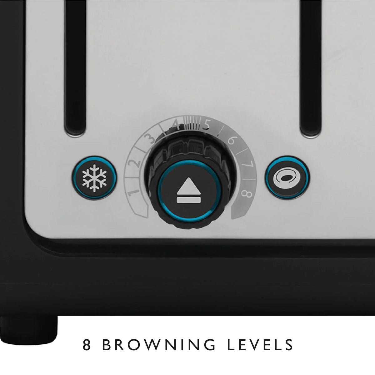 Close-up of a toaster control panel with a central dial labeled 1 through 8, flanked by a frost symbol button and a power button, with text below reading '8 BROWNING LEVELS'.