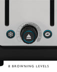 Close-up of a toaster control panel with a central dial labeled 1 through 8, flanked by a frost symbol button and a power button, with text below reading '8 BROWNING LEVELS'.