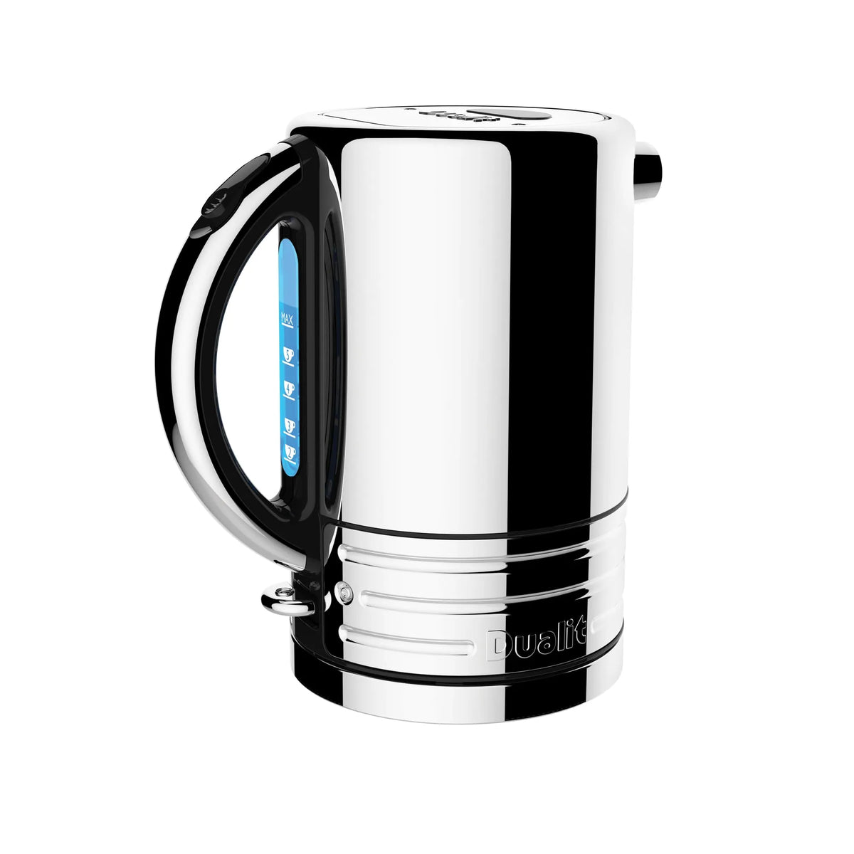 A sleek, modern electric kettle with a polished chrome body and black accents, including a handle with a blue display showing the temperature.