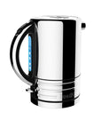 A sleek, modern electric kettle with a polished chrome body and black accents, including a handle with a blue display showing the temperature.
