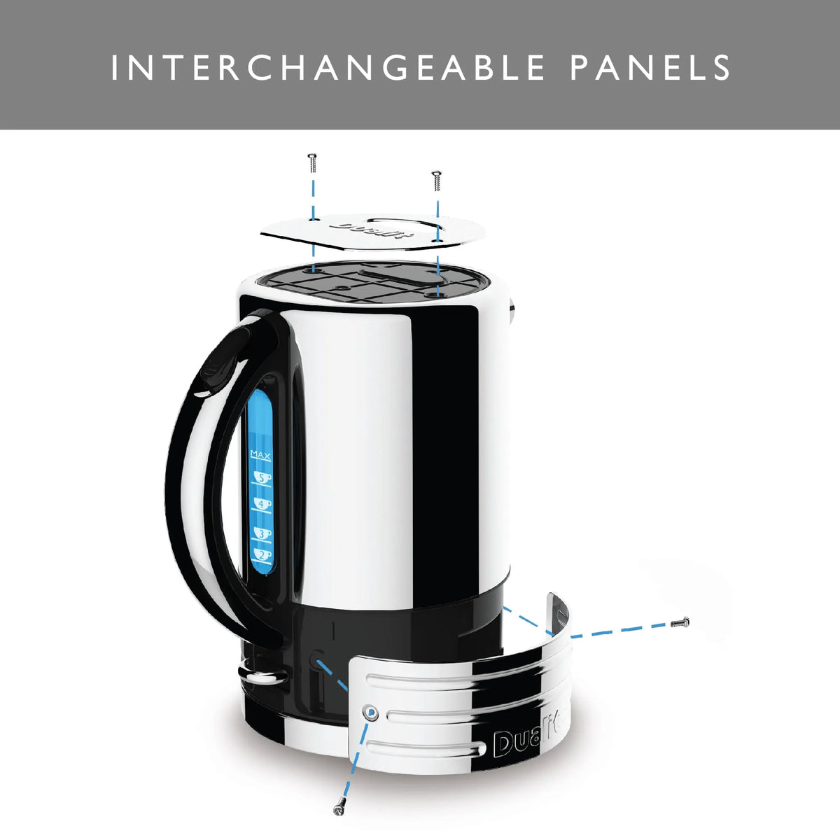 A stainless steel and black electric kettle with a transparent lid showing a replacement heating panel, labeled as an interchangeable panel. The image includes a gray header at the top reading 'INTERCHANGEABLE PANELS' and a white background.